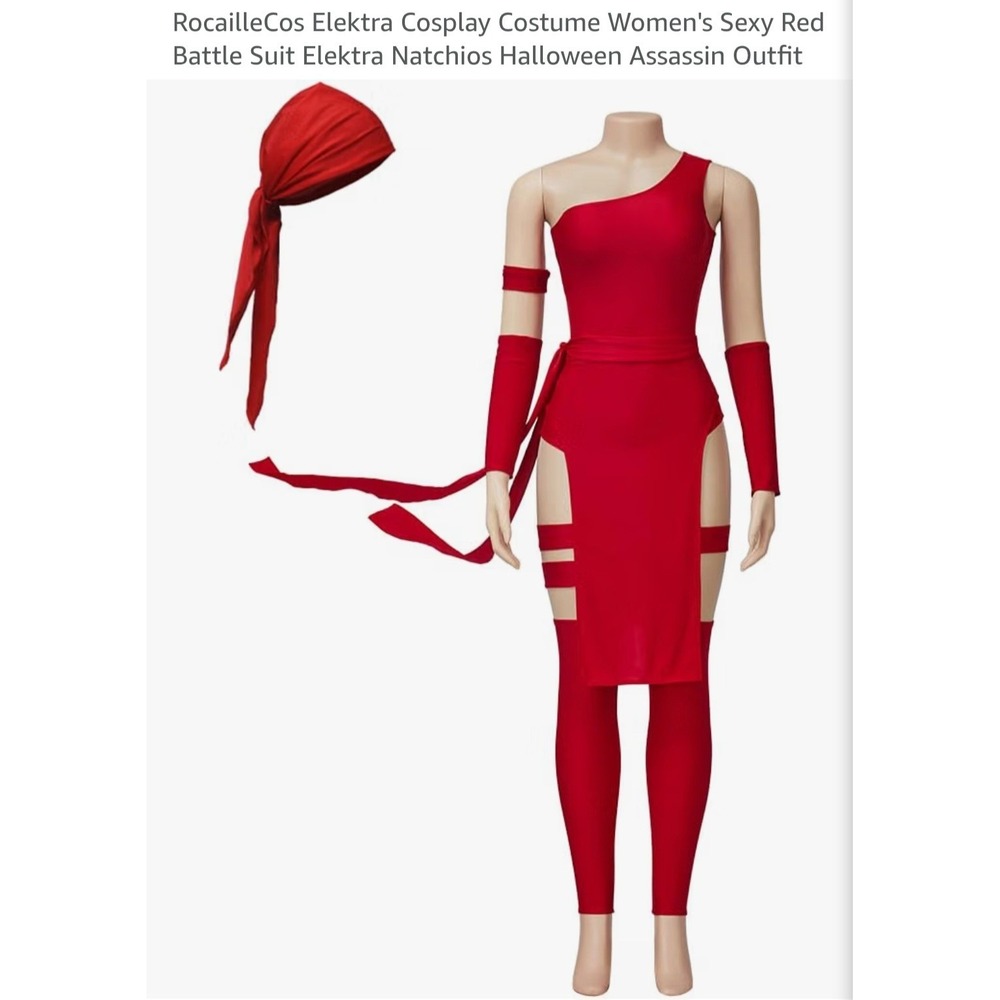 Elektra Cosplay Costume Sexy Red Battle Suit Ninja Halloween Outfit SZ: 2XL
